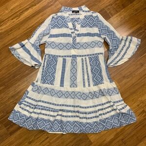Fabrica 9 Dress Size‎ XS Blue White Geometric Tiered Cotton Midi Boho Summer